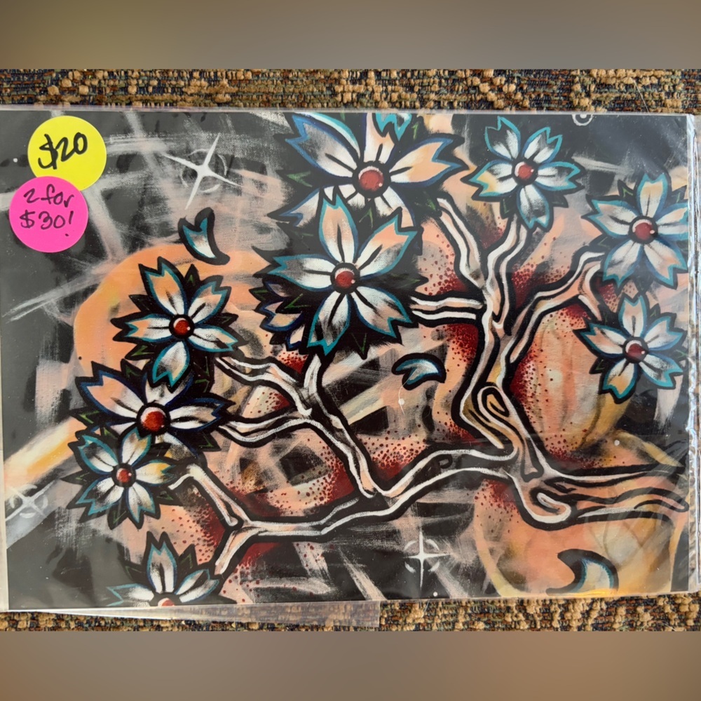 7”x6” Original Tattoo Art Gothic Floral Whimsical Goth Original Stormy Dark Art